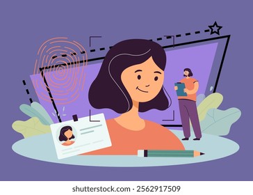 Personality biometric recognition for female employee. Tiny person using office ID card badge, unique fingerprint and facial authorization flat vector illustration. Safety, personality concept