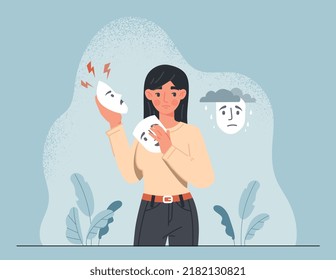 Personality change concept. Young girl chooses mask to hide negative emotions. Psychological problems and mental health. Feeling, mood, emotions and expression. Cartoon flat vector illustration