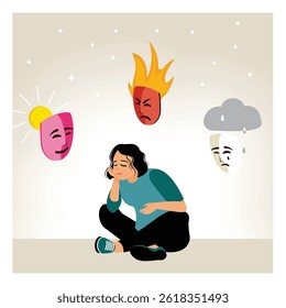 Conceito de transtorno de mudança de personalidade. Uma mulher com emoções que mudam de feliz e triste. Ilustração de vetor plano.