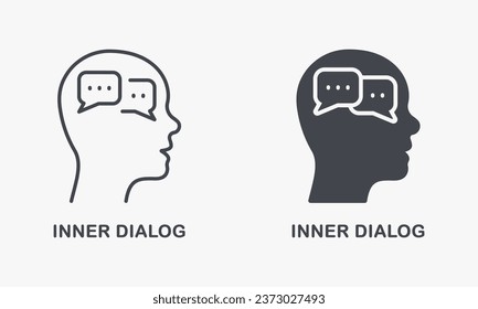 Persönlichkeitskognition, Dialog mit Ihrem eigenen Piktogramm. Interne Vermittlung, Think Process Signing Collection. Innendialog in menschlichem Kopf Silhouette und Linie Symbol Set. Einzelne Vektorgrafik.