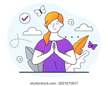 Personality development concept. Self discovery and identity finding with cognitive search. Woman learns about herself and world. Cartoon doodle flat vector illustration isolated on white background