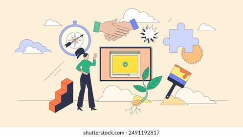 Personality development courses for growth tiny person neubrutalism concept. Practical education using online web services for motivation, coaching, teaching and talent training vector illustration.