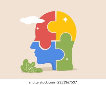 Personality development, self improvement. Human resources and recruitment. Smart solutions, critical thinking. Puzzle head silhouette neurology concept. Isolated modern flat vector illustration.