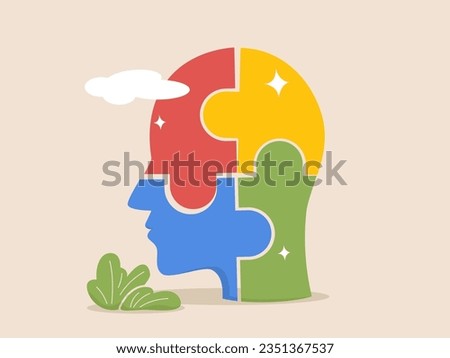 Personality development, self improvement. Human resources and recruitment. Smart solutions, critical thinking. Puzzle head silhouette neurology concept. Isolated modern flat vector illustration.