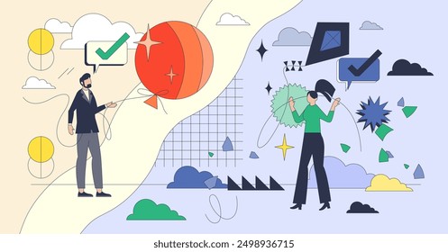 Personality differences and characteristics tiny person neubrutalism concept. Different individuality with unique mindset types vector illustration. Opposite person psychological expression profiles.