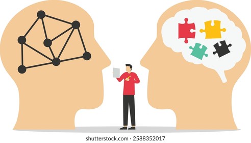 Personality differences and individual thinking styles man and woman. Mental mindset variation in social community with different emotions, behavior. Flat vector illustration.

