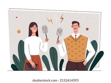 Personality disorder concept. Man and woman holding actors masks in their hands. Psychological and mental problems, pretense and lies. Ways to escape sadness. Cartoon flat vector illustration