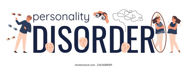 Personality disorder flat text with big letters and small human characters having problems with mental health vector illustration