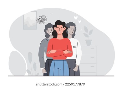 Personality disorders concept. Psychological and mental problems and diseases. Schizophrenia and paranoia. Young girl suffering, loneliness and depression, sorrow. Cartoon flat vector illustration