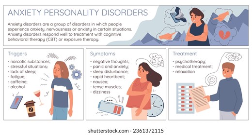 Trastornos de la personalidad infografía plana con desencadenadores síntomas secciones de tratamiento ilustración vectorial