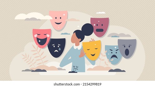 La personalidad, el sentimiento y el cambio de emoción con máscaras faciales concepto de persona pequeña. Mentalidad psicológica con actitud, comportamiento y expresión facial diversidad de ilustraciones vectoriales. Cobertura de los pensamientos mentales.