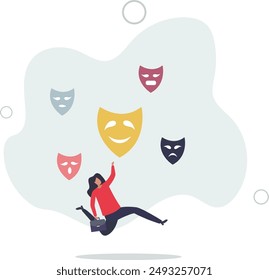 Personality, feeling and emotion change with facial masks.Psychological mindset with attitude, behavior and face expression diversity.flat design.illustration with people.