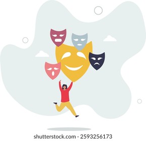 Personality, feeling and emotion change with facial masks.Psychological mindset with attitude, behavior and face expression diversity.flat character life .