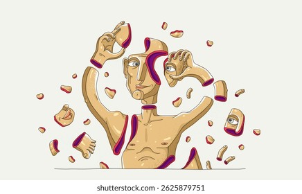 conceito de formação de personalidade, ilustração vetorial de um homem construindo-se a partir de um elemento diferente, escolhendo o conceito de homem adequado e não, autofeito.