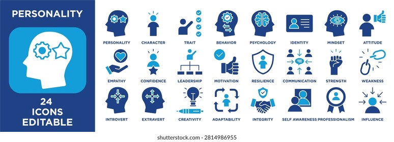 personality icon collection set. Containing Character, Trait, Behavior, Psychology, Identity and Mindset.