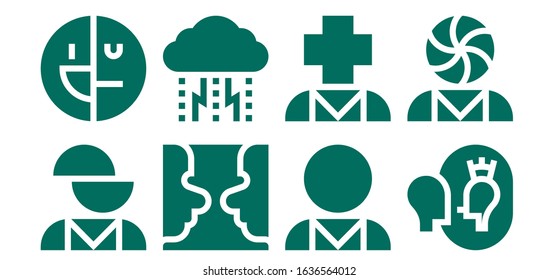 personality icon set. 8 filled personality icons.  Simple modern icons such as: Mental disorder, Psychology, Depression, Psychologist, Esteem