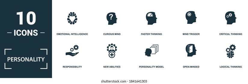 Personality icon set. Collection of simple elements such as the emotional intelligence, curious mind, faster thinking, mind trigger. Personality theme signs. - Shutterstock ID 1841641303