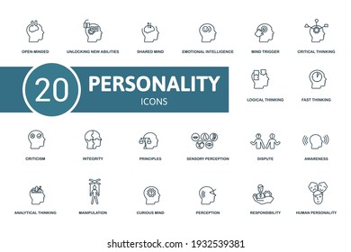 Personality icon set. Contains editable icons personality theme such as unlocking new abilities, emotional intelligence, critical thinking and more.