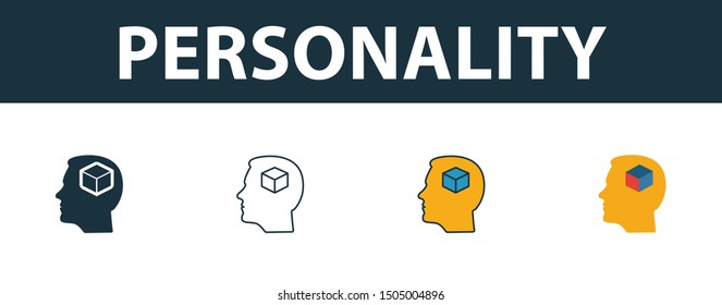 Personality icon set. Four elements in diferent styles from soft skills icons collection. Creative personality icons filled, outline, colored and flat symbols.