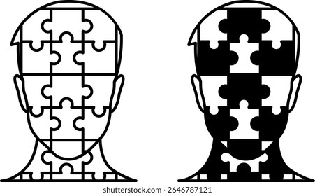 Ícones de personalidade. Ilustração de vetor em preto e branco. Caractere Que Torna Uma Pessoa Única. Individualidade, Puzzle Cara. Psicologia do Conceito