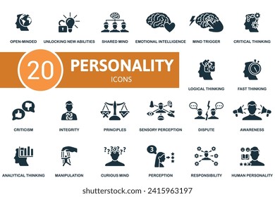 Personality icons set. Creative icons: open-minded, unlocking new abilities, shared mind, emotional intelligence, mind trigger, critical thinking and more