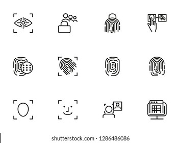 Personality identification line icon set. Set of line icons on white background. Fingerprint, hand, access. Security concept. Vector illustration can be used for topics like technology, security