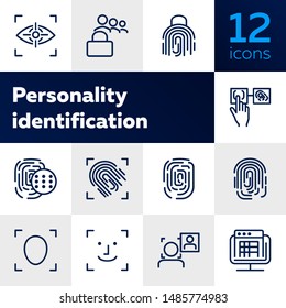 Personality identification line icon set. Set of line icons on white background. Fingerprint, hand, access. Security concept. Vector illustration can be used for topics like technology, security