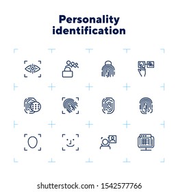 Personality identification line icon set. Set of line icons on white background. Fingerprint, hand, access. Security concept. Vector illustration can be used for topics like technology, security