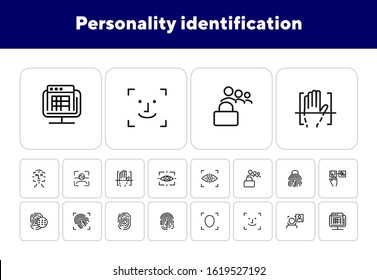 Personality identification line icon set. Set of line icons on white background. Fingerprint, hand, access. Security concept. Vector illustration can be used for topics like technology, security