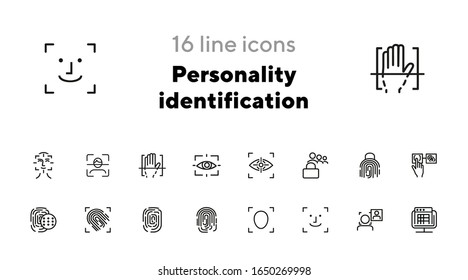 Personality identification line icon set. Set of line icons on white background. Fingerprint, hand, access. Security concept. Vector illustration can be used for topics like technology, security