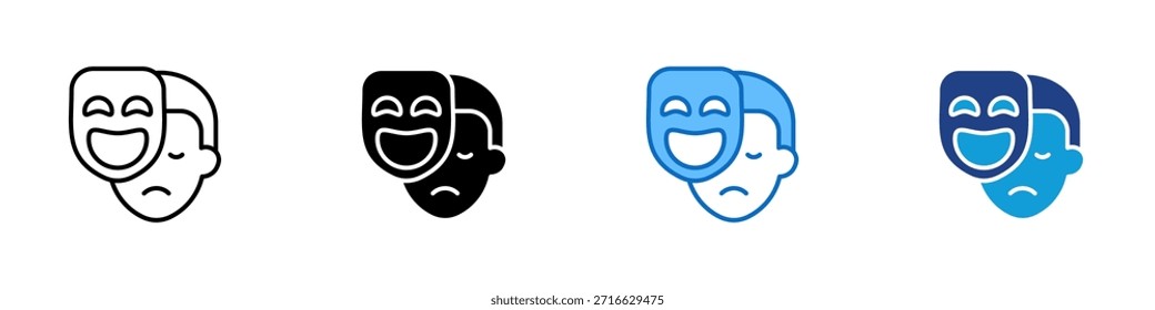Personality Mask Multiple Style Icon Design Vetor - Rosto com uma máscara feliz sobre uma expressão triste, simbolizando o transtorno bipolar, emoções ocultas, atuação ou contraste emocional