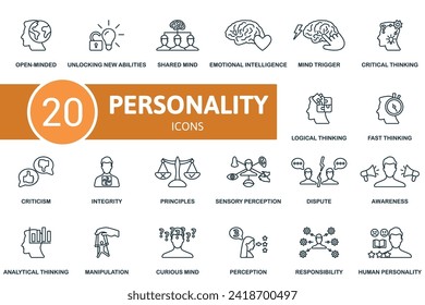 Personality outline icons set. Creative icons: open-minded, unlocking new abilities, shared mind, emotional intelligence, mind trigger, critical thinking and more