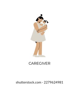 Personality psychological archetypes. Flat vector illustration. Caregiver. The woman holds the girl in her arms and hugs her.