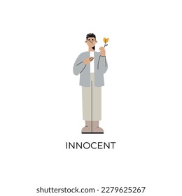 Personality psychological archetypes. Flat vector illustration. Innocent. A young man holds a flower in his hand.