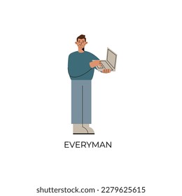 Personality psychological archetypes. Flat vector illustration. Everyman. A young man stands and holds a computer in his hands.