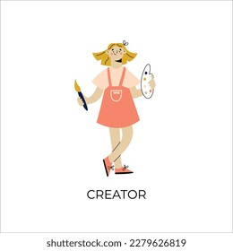 Personality psychological archetypes. Flat vector illustration. Creator. The girl holds a palette and a brush in her hands. Young artist.