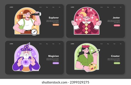 Conjunto de arquetipos psicológicos de la personalidad. Características de doce caracteres. Cuidador, creador, todo el mundo, explorador, héroe, inocente, bufón, amante. Inconsciente colectivo. Ilustración vectorial plana