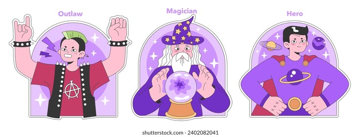 Personality psychological archetypes set. Twelve characters characteristics. Caregiver, creator, everyman, explorer, hero, innocent, jester, lover. Collective unconscious. Flat vector illustration