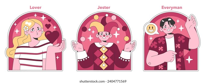 Conjunto de arquetipos psicológicos de la personalidad. Características de doce caracteres. Cuidador, creador, todo el mundo, explorador, héroe, inocente, bufón, amante. Inconsciente colectivo. Ilustración vectorial plana