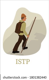 Personality test result for ISTP (introverted personality that is goal oriented, independent and skilled). Shows a man hiking up a mountain side with a walking stick.