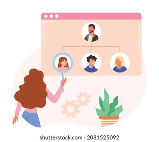 Personality trait abstract concept. Young woman with magnifying glass in her hands looking for her place in society. Organization of daily life. Metaphor for search. Cartoon flat vector illustration