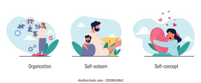 Personality trait concept. Organization, self esteem, self care, self love. Important things in daily life, training, mental health. Cartoon flat vector illustration isolated on white background