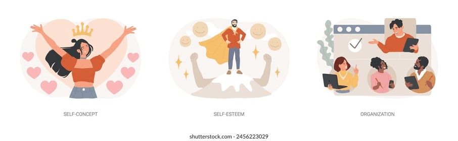 Personality trait isolated concept vector illustration set. Self-concept, self-esteem and organization, confidence, personal value, organize daily life, training personal skills vector concept.