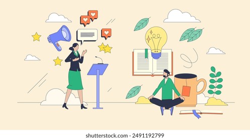 Personality traits and characteristics tiny person neubrutalism concept. Behavior model with individuality differences vector illustration. Psychological profile with person behavioral diversity.