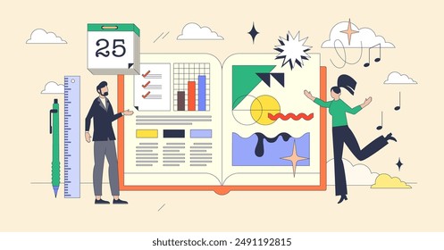 Personality types and individual differences tiny person neubrutalism concept. Psychological individuality traits with different characteristics, perception, skills and interests vector illustration.