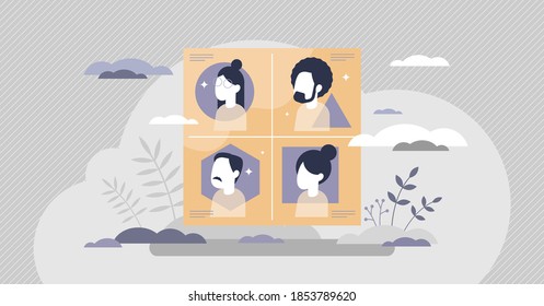 Personality types as various characteristics or moods tiny person concept. Psychological mental groups division vector illustration. Temperament, behavior and emotion expression differences collection