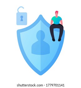 Personality Verification, Secure Account Access, Virtual Private Network, VPN Concept. Website, Data Security or Privacy in Internet. Tiny Character Sitting on Huge Shield. Cartoon Vector Illustration