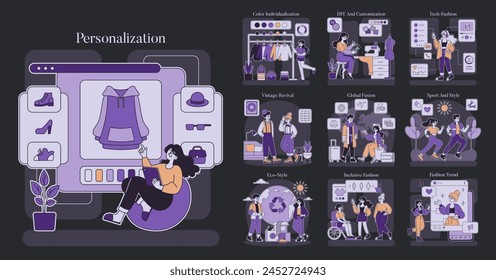 Personalization concept set. Custom fashion trends and eco-style elements intertwine with tech and vintage themes. Tailoring individuality in attire. Vector illustration.