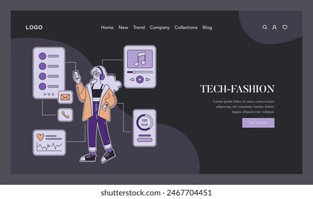 Personalization concept. Stylish person interacts with customizable tech gadgets on a sleek website interface. Trendy digital user experience. Vector illustration.