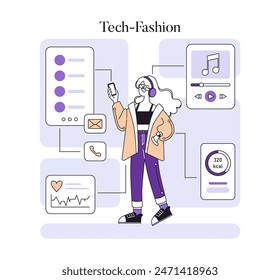 Personalization concept. Trendy individual using smartphone amidst digital interface with apps for lifestyle tracking. Data customization in daily use. Vector illustration.